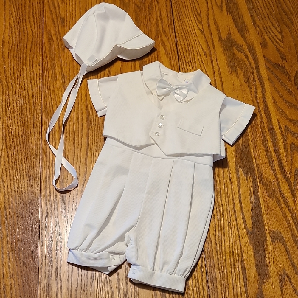 White Baby Christening Outfit with Hat - Boy's 6 Months